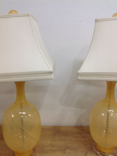 28" Pair Of Yellow Glass Lamps