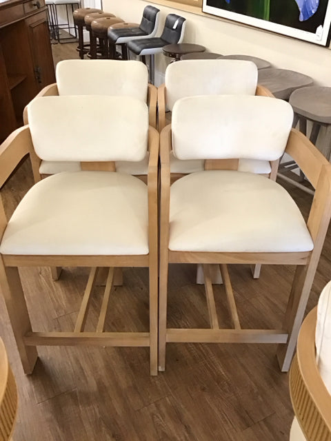 Set/4 Tan Upholstered Wood Bar Stools