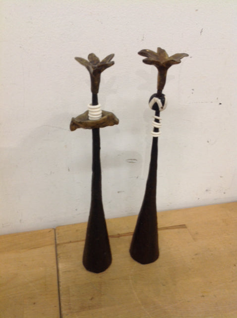 Candle Holders - 12" Pair Of Vintage Iron & Brass