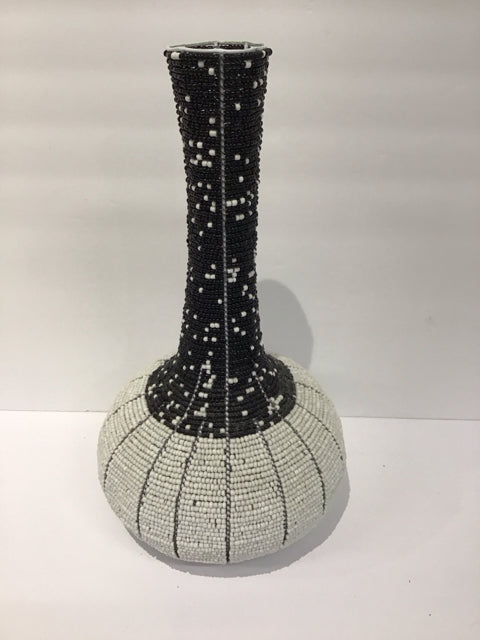 16" Black/White Beaded Vase
