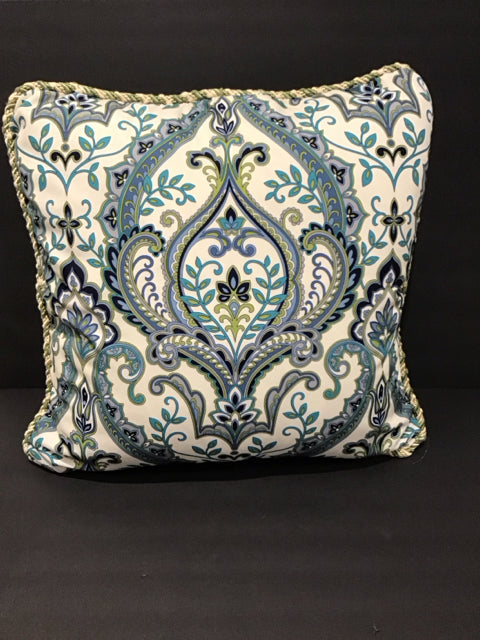 Tan/Blue Green Medallion Pillow w/Braid