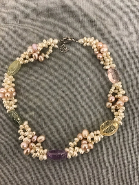 Pearl Cluster & Clear Lilac Gemstones Necklace