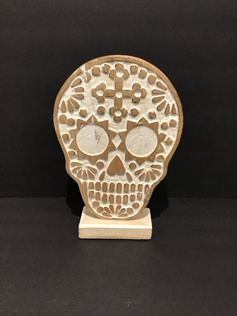 White Painted Wood Skulls on Base