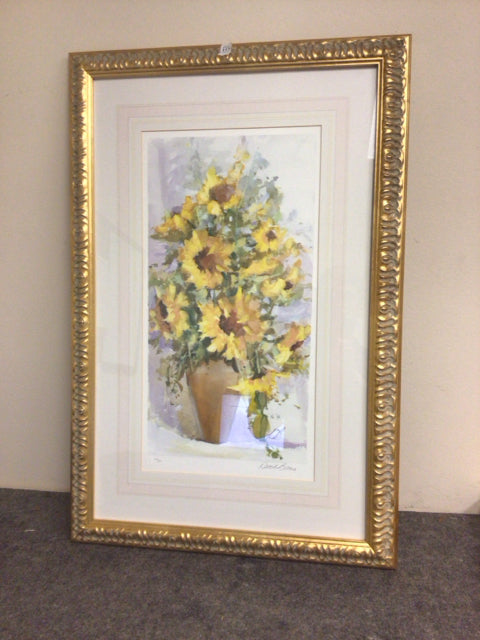 20" X 30" Gold Wood Framed Sunflowers In Vase Print