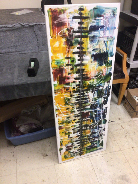 17" X 46" Multicolor Abstract Oil Painting On Canvas