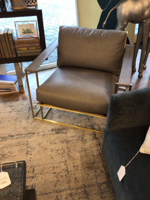 RH Thayer Coggin Grey Leather Strap & Brass Arm Chair