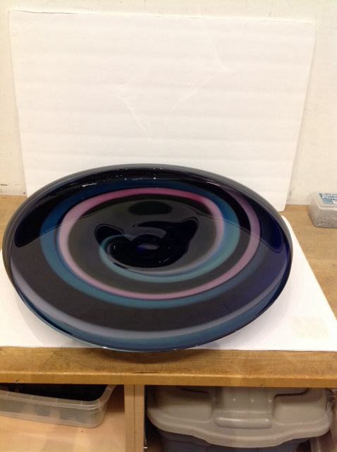 24" Art Deco Black/Blue/Pink Round Glass Bowl