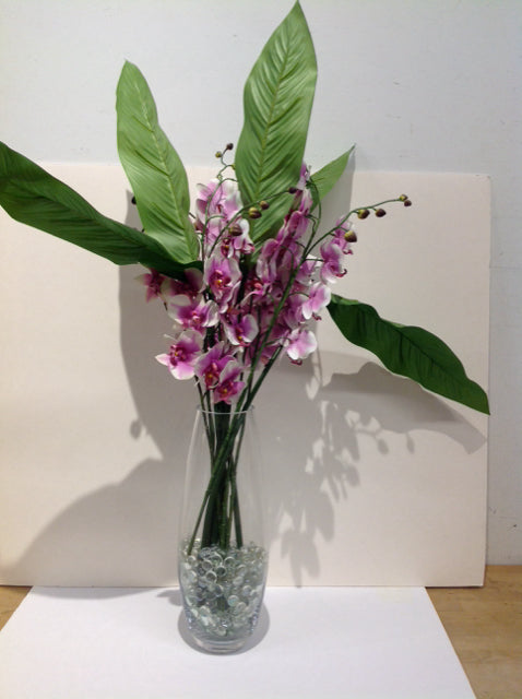 16" Faux Orchids in Glass Vase