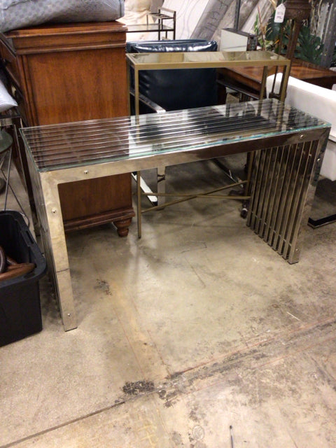 Chrome Slatted Glass Top Console Table