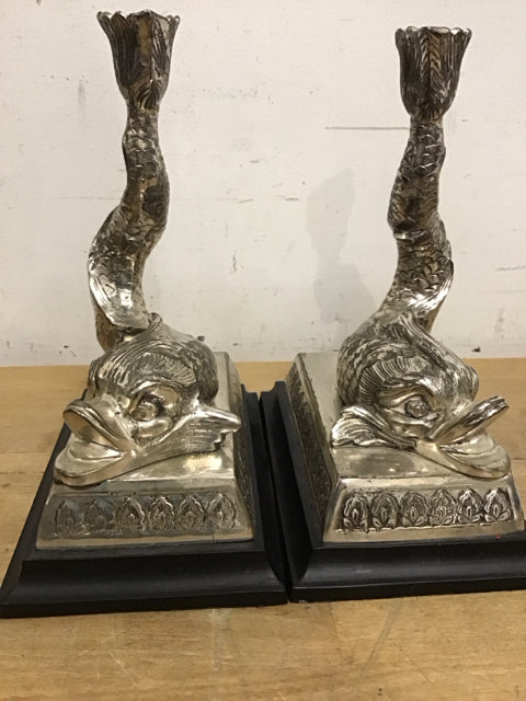 9.5" Pair Of Metal Dolphin Candle Holders