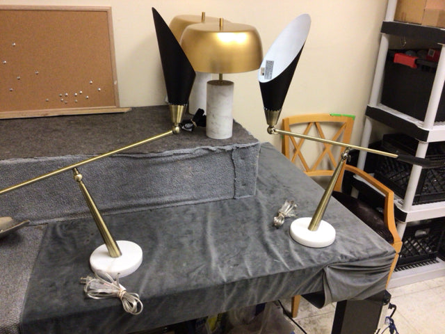 Pair Of Gold & Black Adjustable Table Lamps On Marble Base