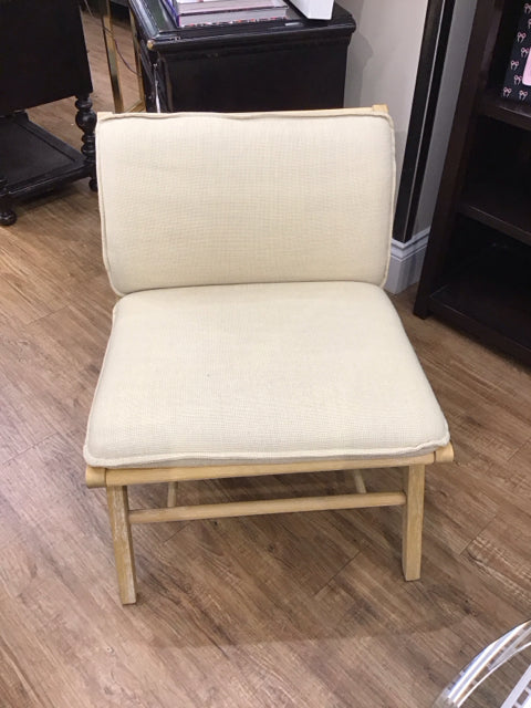 Tan Upholstered Wood Club Chair w/Rattan Back