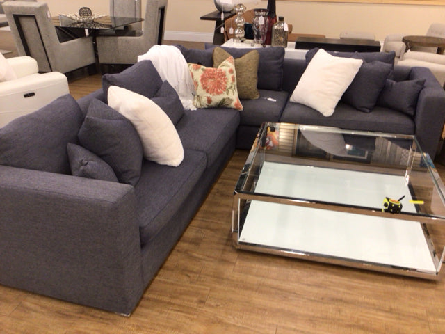 AS-IS Blue Fabric Two PC Sectional W/Pillows(Light Soil)