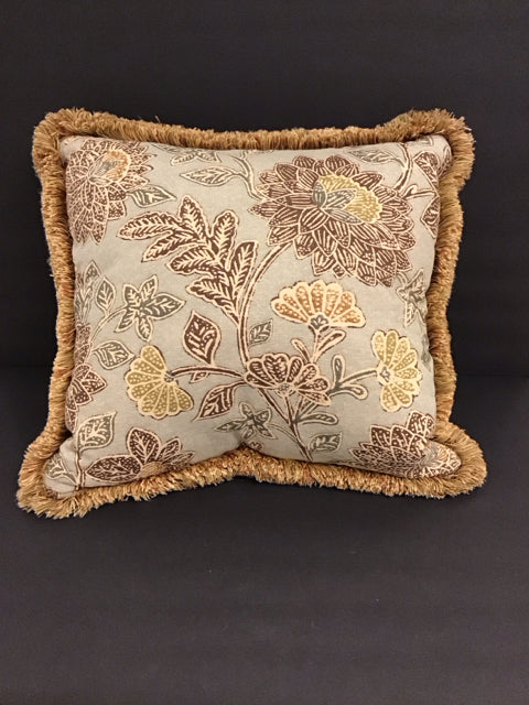 Grey Pillow w/Floral Design & Fringe