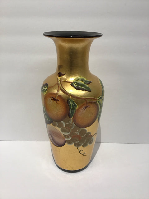 13" Gold Ceramic Vase w/Fruit Decor