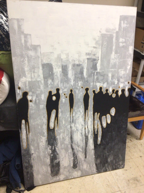 39" X 59" White/Grey/Black/Gold Abstract Print On Canvas