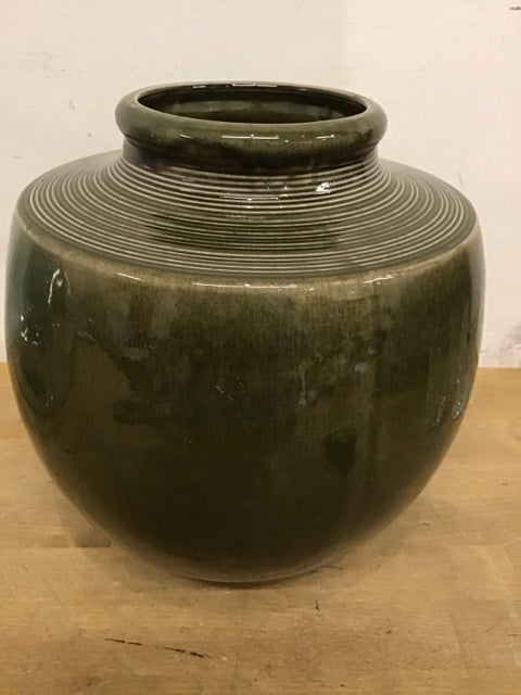 10" Olive Green Ceramic Swirling Circles Top Vase