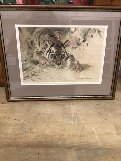 15.5"x12" Tiger Cub Hunting Framed Art Signed