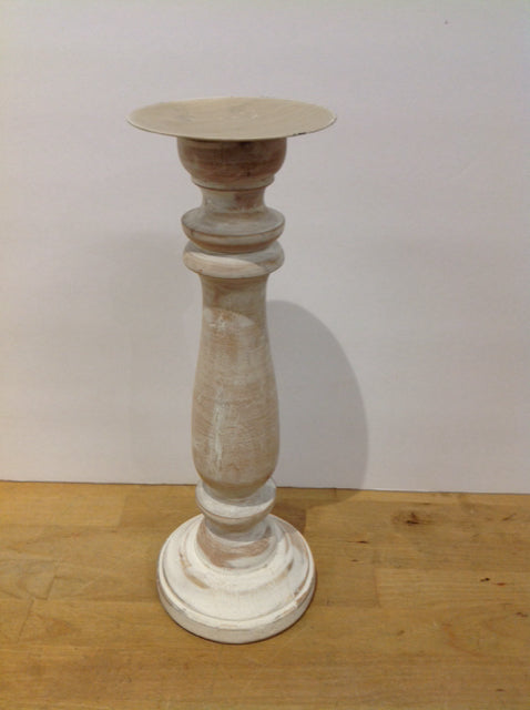 14" Whitewashed Wooden Candle Holder