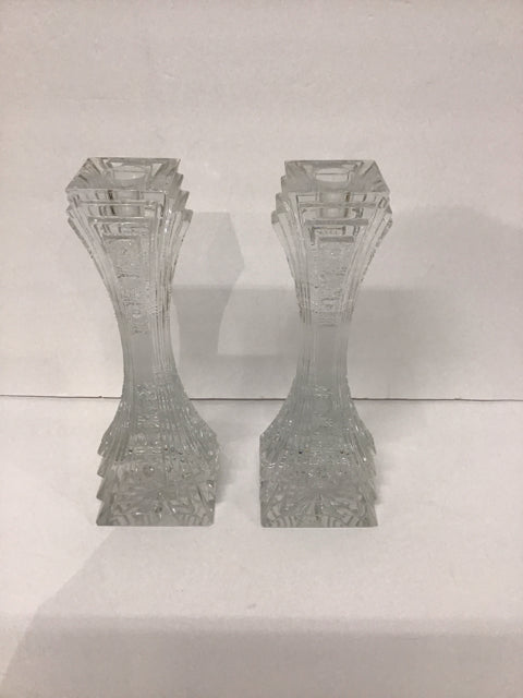 Pair 10" Carved Crystal Candlesticks