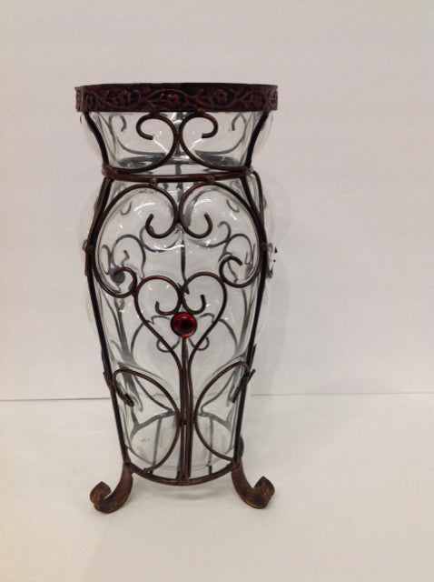 15" Footed Glass Vase w/Wrapped Metal Design