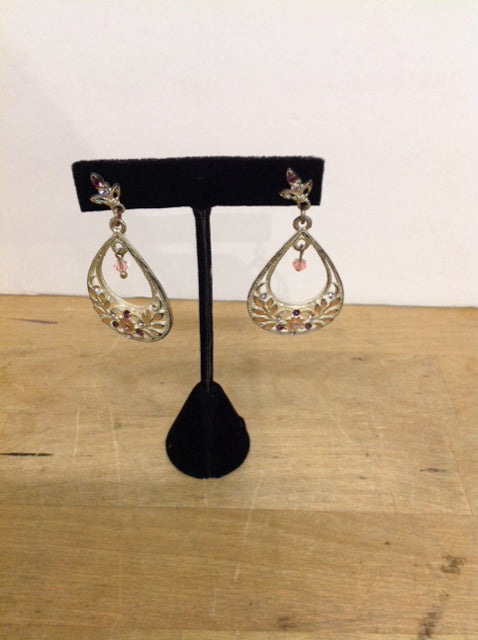 Silver Earrings w/Dangling Pink Florals