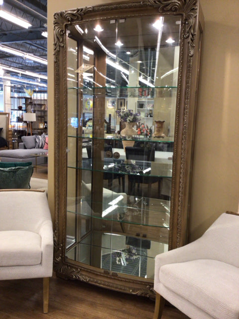 Light Wood/Silver Leaf Glass Front Lighted Curio Cabinet