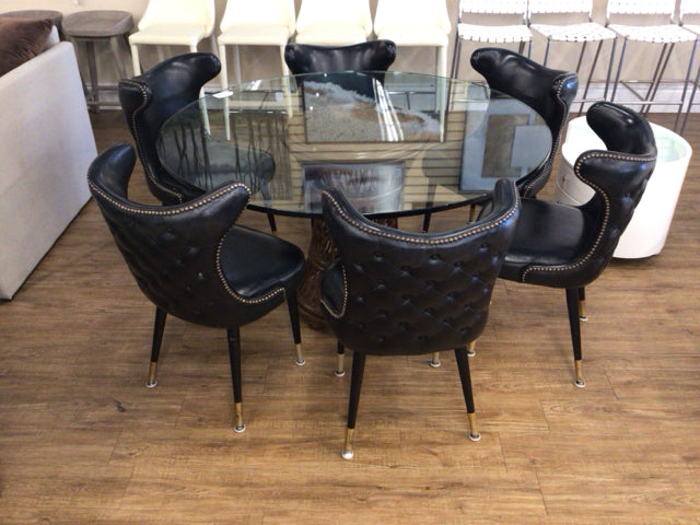 Set Of 6 Black Leather Upholstered Gold Nailhead Accent Dining Chairs