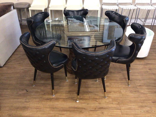 Set Of 6 Black Leather Upholstered Gold Nailhead Accent Dining Chairs