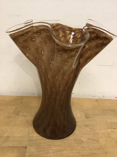 14" Brown Spotted Ribbon Glass Vase