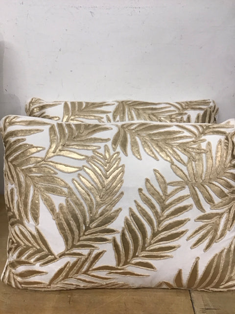 19" x 14" White W/Appliqued Gold Leather Fern Leaves