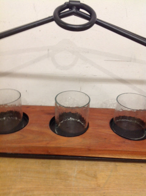 Candle Holder- 21" Wood & Metal 3 Glass