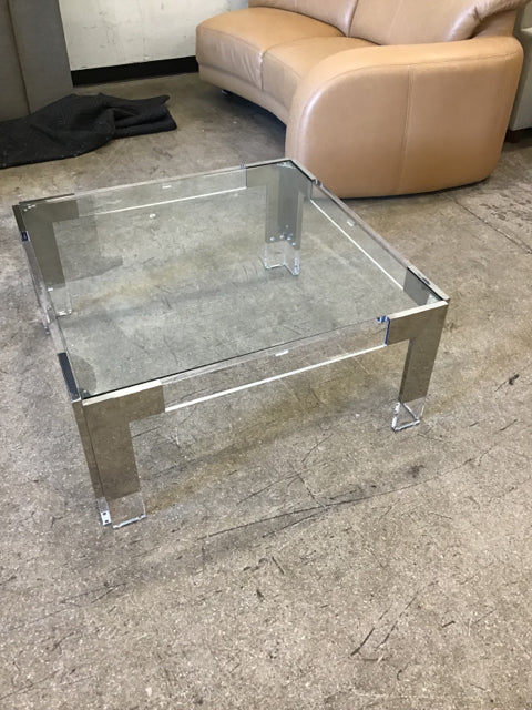 36"Sq Lucite Chrome w/Glass Coffee Table