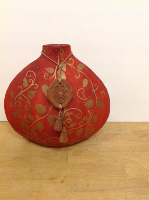 11" Red Painted Ceramic Vase w/Medallion