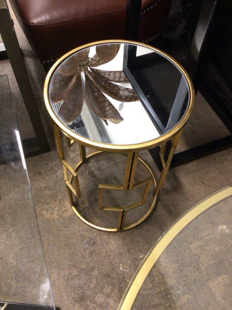 Round Mirrored Top Gold End Table