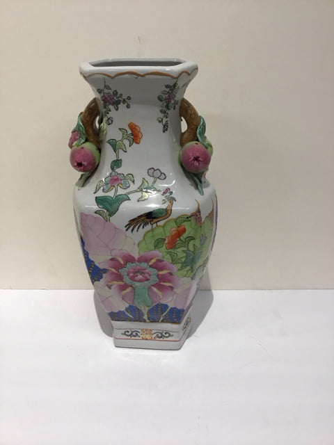 15" White Porcelain Asian Painted Vase w/Handles