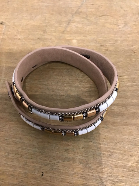 Leatherlike Goldtone/White Beaded Wrap Bracelet