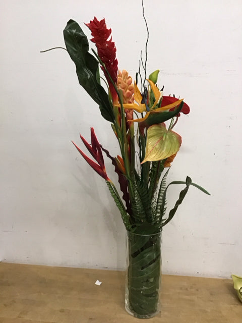 Multi Tropical  Florals In Clear Glass Vase