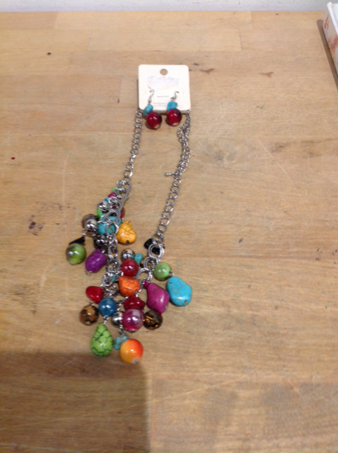 Necklace- Silver Beaded Stones W Earings