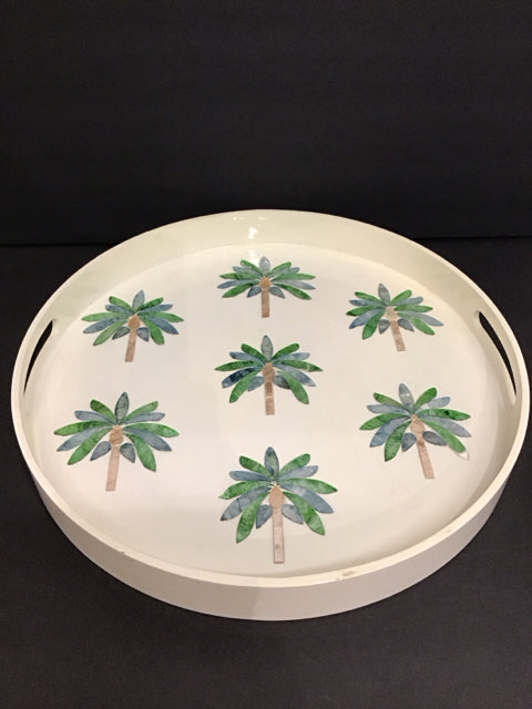 16"Rd White Lacquer Tray w/Floral Decor