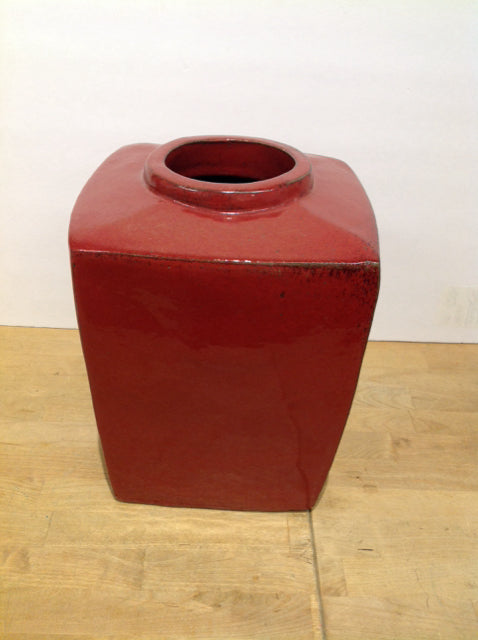 13" Square Red Glazed Ceramic Vase