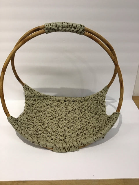 17" Tan/Brown Woven Basket w/Bamboo Handles
