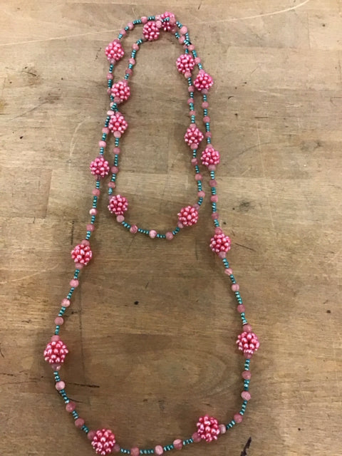 Vintage Pink Cluster Beaded W/Turqoise Beads Necklace