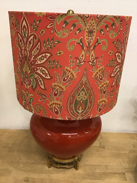 25" Orange Ceramic On Brass Base W/ Paisley Shade Lamp As Is