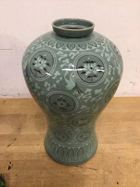 12.5" Teal Ceramic Crane & Floral Vase