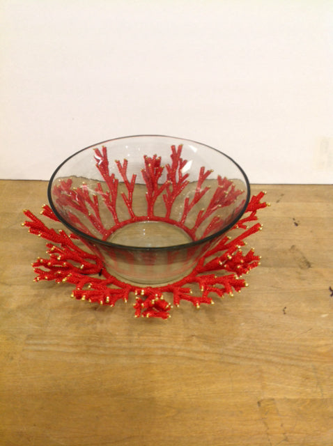 10" Glass Bowl w/Abstract Red Beaded Base