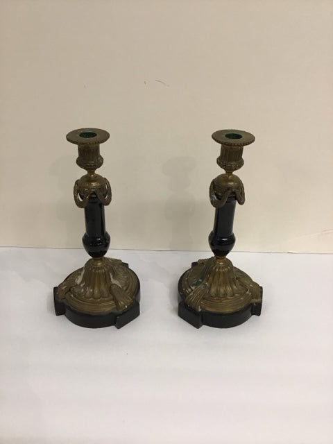 11" Pair Black Stone & Brass Candlesticks