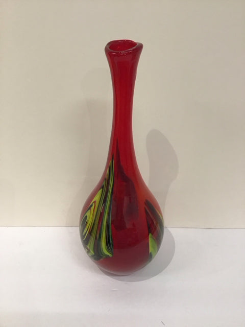 15" Art Glass Red/Yellow/Green Vase