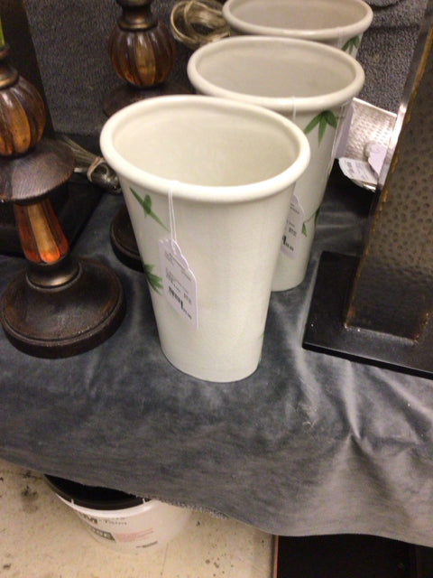 10" White Ceramic Green Floral Vase