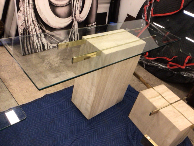 20" X 60" Glass Top Travertine Base Console Table